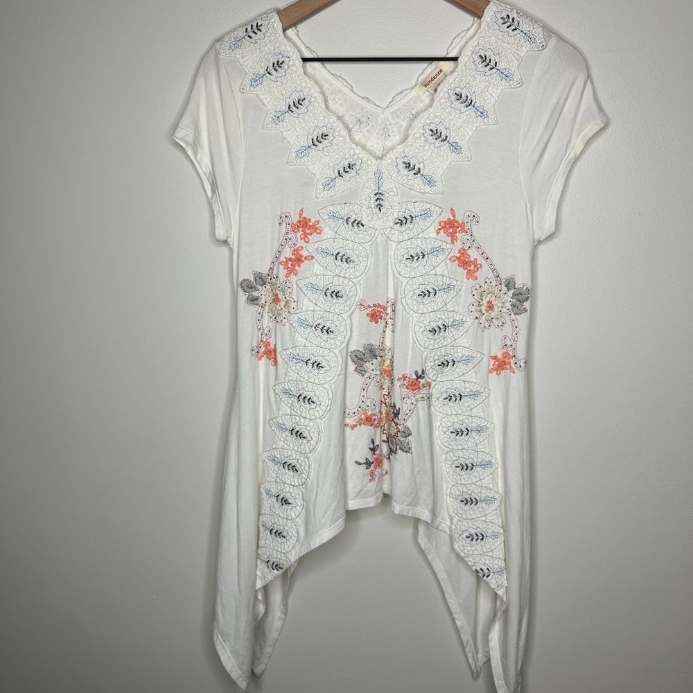 Sundance White Embroidered Floral Handkerchief Hem Blouse